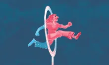 An illustration of a person stepping through an oval portal, with their front half in red emerging into a new space and their back half in blue still behind the portal, symbolizing transition or transformation against a dark blue background.